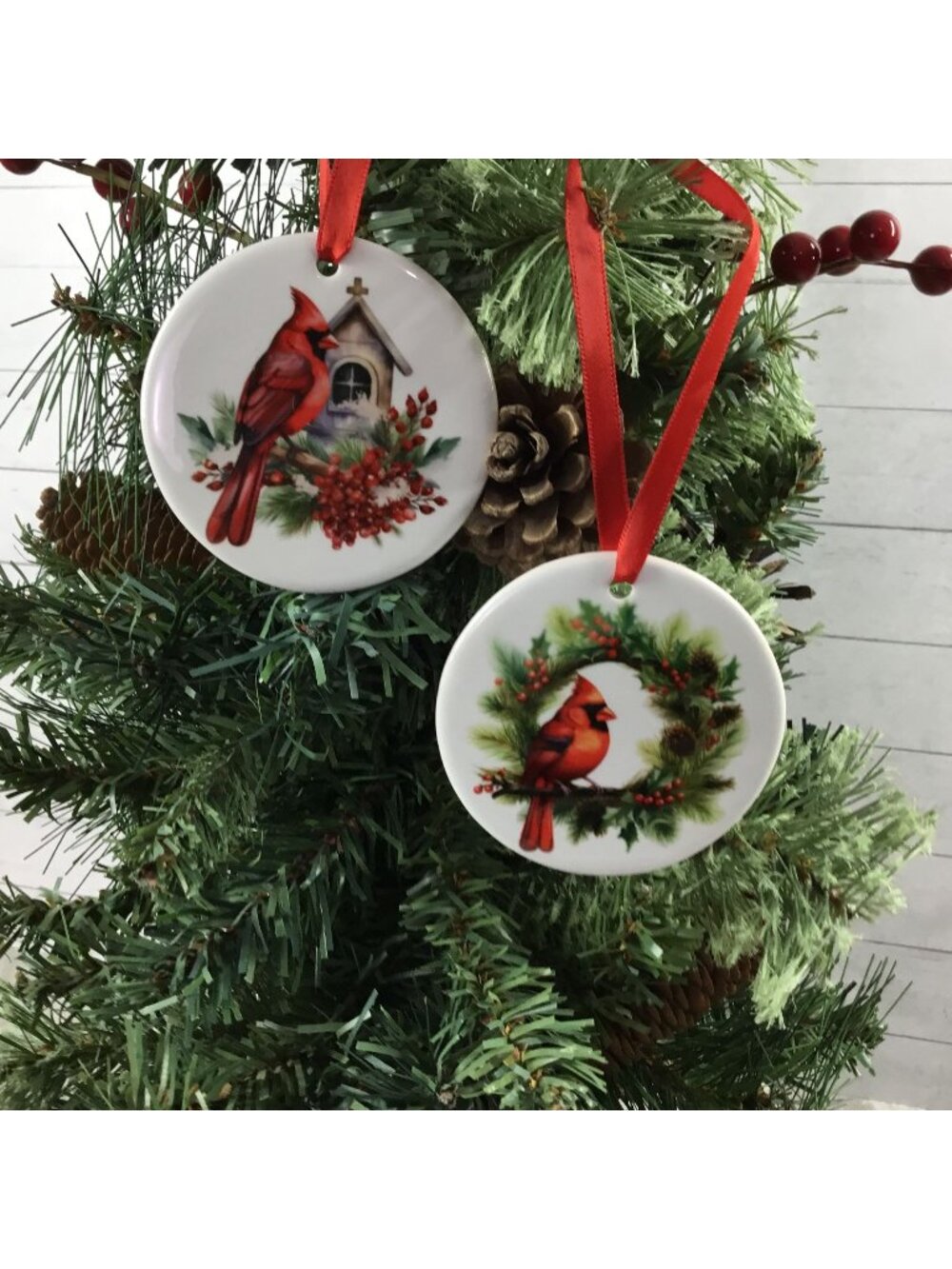 Set Of 2 Cardinal Christmas Ceramic Ornaments With Red Ribbon For Hanging